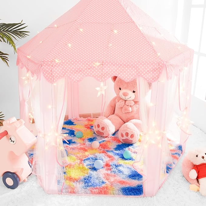 junovo Ultra Soft Hexagon Rug Fluffy Rainbow Nursery Rug for Princess Tent Kids Play Castle, Furry Hexagonal Carpet for Kids Girls Room Playhouse Classroom Dorm Home Decor, 4.6ft Tie-Dye Orange-Red