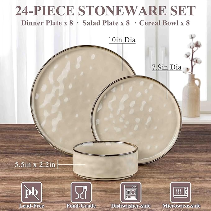Herogo Plates and Bowls Dinnerware Sets for 8, 24 Pieces Stoneware Dishes Sets, Dinning Dishes for Kitchen, Dishwasher & Microwave Safe, Cream Khaki
