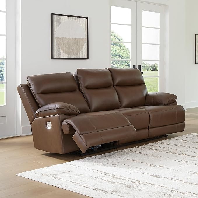 Signature Design by Ashley VonRyan Modern Leather Match Power Reclining Sofa with USB Ports, Dark Brown