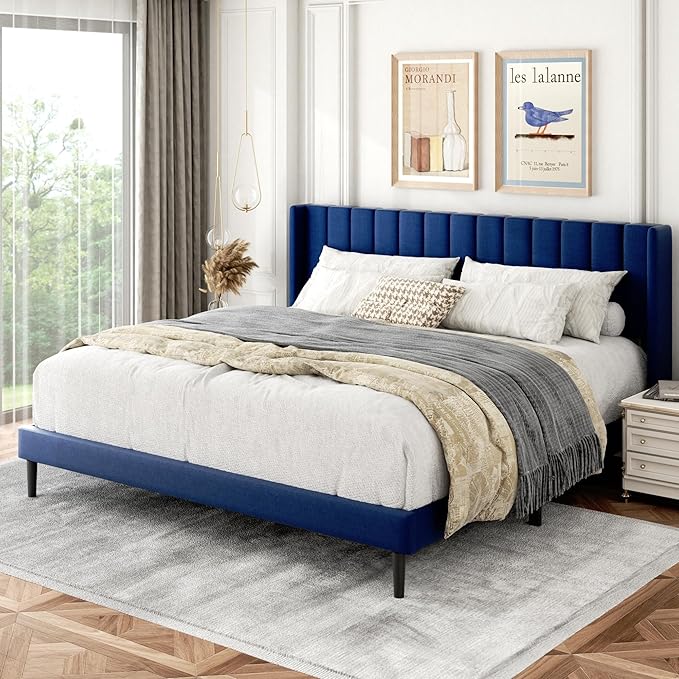 King Size Bed Frame with Upholstered Wingback Headboard, Easy Assemnly Platform Bed, Wooden Slat Support No Box Spring Needed, Navy Blue