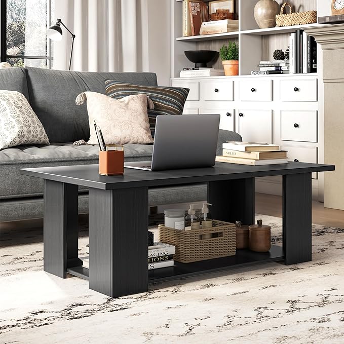 Tangkula 2-Tier Coffee Table, Modern Rectangular Center Cocktail Table with 5 Support Legs, Wooden Accent Living Room Furniture, Small Coffee Table for Small Spaces, Easy Assembly (Black)