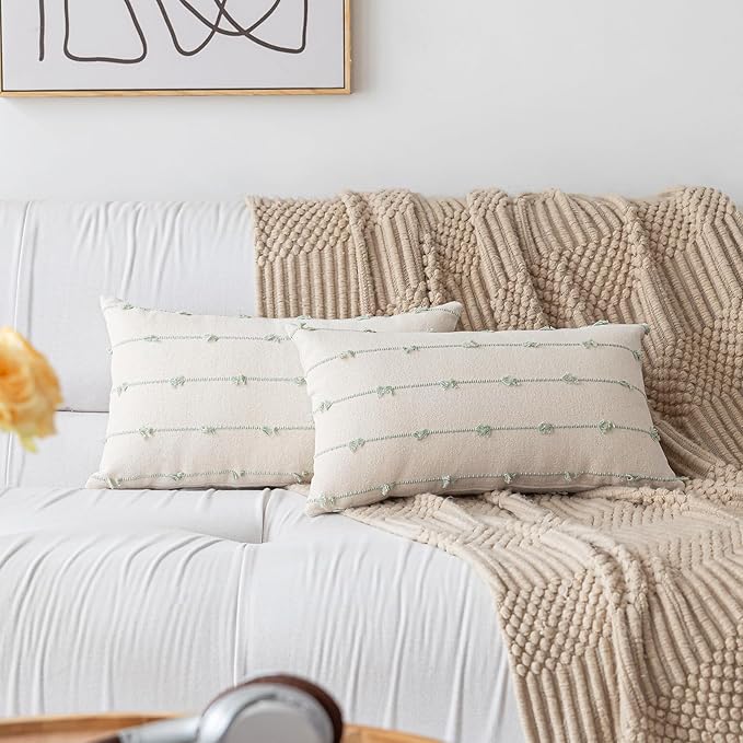 Boho Throw Pillow Covers12x20 Set of 2 Modern Farmhouse Decorative Cushion Case Tufted Linen Square Pillow Cover Neutral Pillow Cases Accent Pillowcase for Sofa,Couch,Bed,Beige and Green