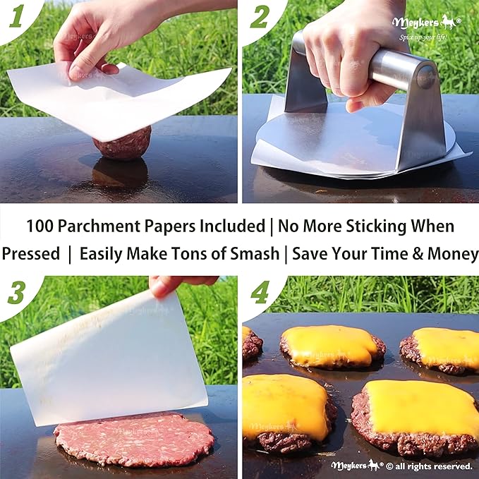 Meykers Burger Smasher 6.3" Smash Press Hamburger & 100 Patty Paper | for Griddle Grill Pan Skillet | Weight Gain Flat Presser Smashburger Maker 304 Stainless Steel | Meat Bacon Sandwich Tool Kit