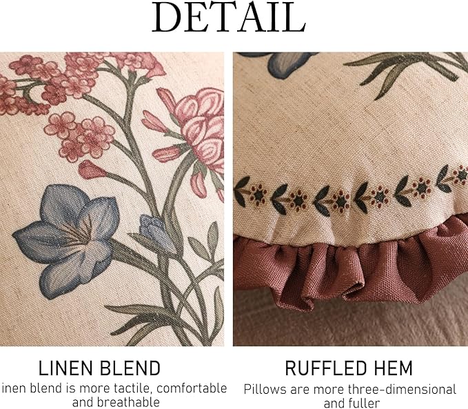 Design Linen Vintage Throw Pillow Covers Diameter 16", Round Cushion Covers with Blue Pink Flowers Green Leaves Pattern Decoration Pillowcases for Bed,Living Room,Outdoor,Car