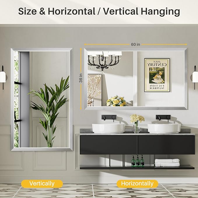 60x36 Inch Silver Bathroom Mirror for Wall, Thick Metal Framed Rectangle Mirrors for Over Sink, Bedroom, Living Room, Entryway, Anti-Rust, HD Tempered Glass