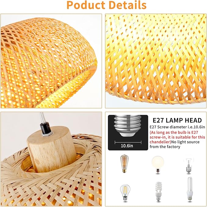 Bamboo Pendant Light, 11.8inch Hand-Woven Natural Wicker Rattan Bamboo Lamp, Beige Boho Hanging Chandelier, Rustic Island Dining Ceiling Light for Living Room, Kitchen, Farmhouse, Bedroom