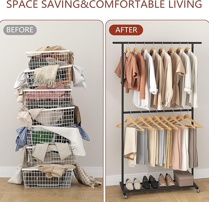 Sywhitta Double Rod Clothing Garment Rack, Rolling Coat Hanger with Bottom Mesh, Clothing Rack for Hanging Clothes, Coats, Skirts, Sweaters, Black