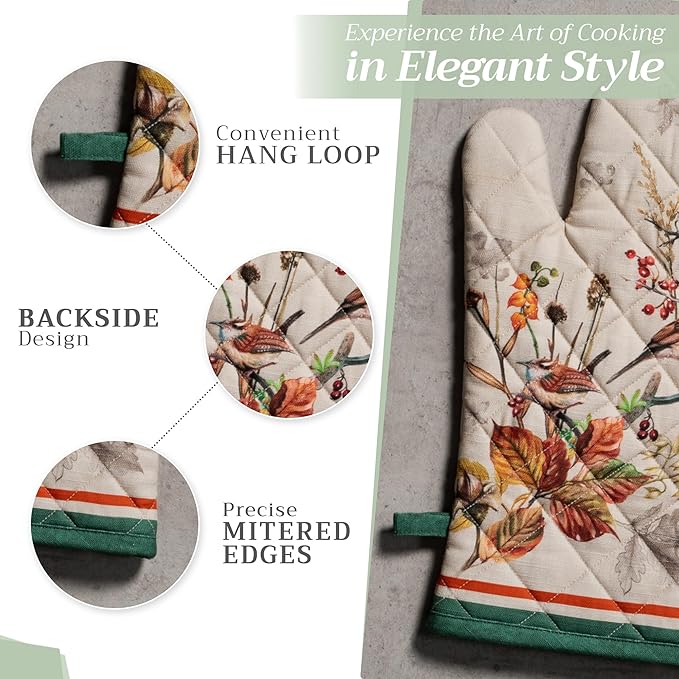 Maison d' Hermine Oven Gloves 100% Cotton Oven Mitt 7" x 13" with Loop Heat Resistant BBQ Cooking Gloves for Thanksgiving Christmas Decorations Baking Handling Hot Pans (Pack of 1, Recolte)