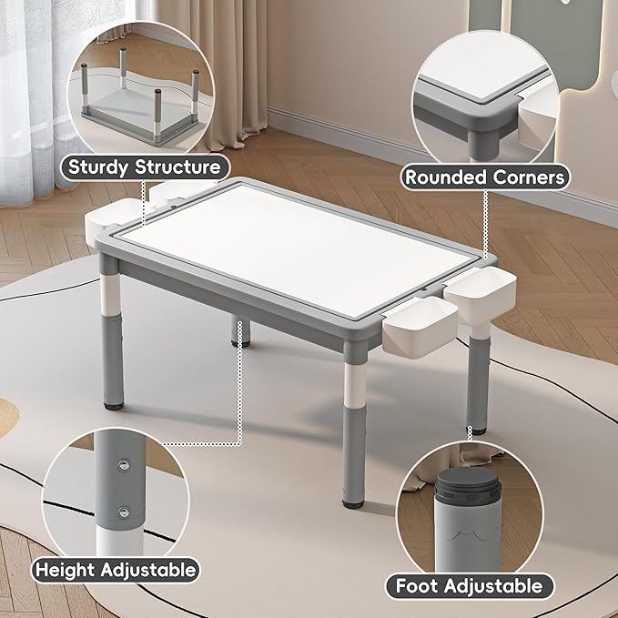 Kids Table and 2 Chairs with Storage, Children Water and Sand Activity Tables Height Adjustable, 34.6''L x 24.4''W Toddler Table for Buliding Blocks, Drawing, Eating, for Kids Age 2-10, Grey