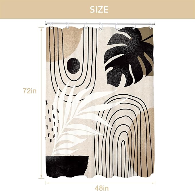 Glawry Boho Mid Century Shower Curtain Small Stall Abstract Black Beige Brown Plant Tropical Palm Leaf Minimalist Bathroom Modern 48Wx72L Inches Bath Accessories Art Home Decor Fabric 8 Pack Hook