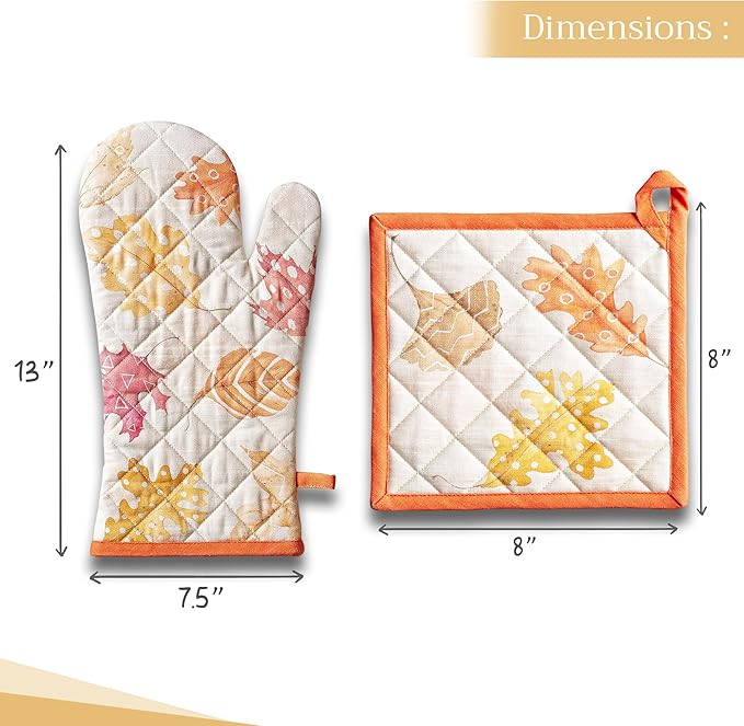 Maison d' Hermine 100% Cotton Oven Mitt & Pot Holder Set (7.5"x13" & 8"x8") Heat Resistant BBQ Cooking Gloves with Loop for Thanksgiving Christmas Decorations Handling Hot Pans (Colours of Autumn)
