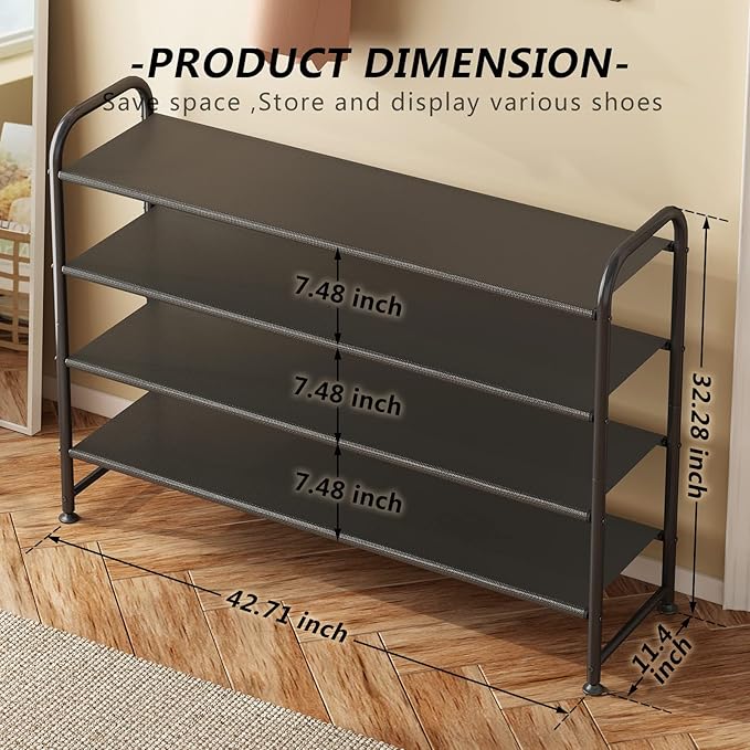 Shoe Rack 4 Tier Long Storage Organizer Wide Metal Shoe Shelf for Closet Entryway Black