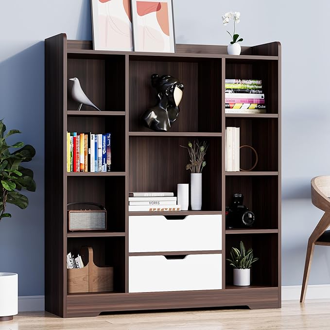 Cozy Castle Kids Bookshelf with Storage, Toy Storage Organizer with 2 Drawers and 10 Cubes 4-Tier Bookcase for Bedroom, Playroom, Hallway, Living Room(Brown & White)