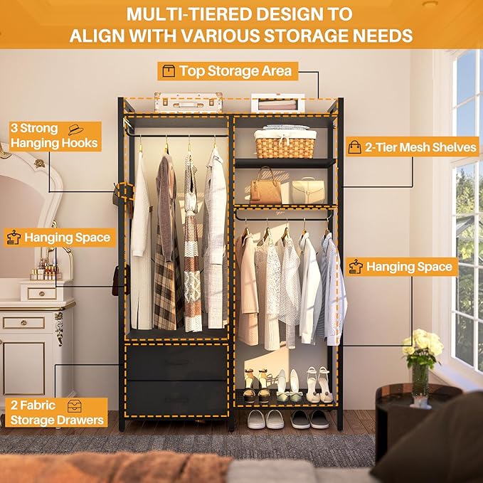 78.7'' Clothes Rack for Hanging Clothes - Reversible Clothing Rack with 2 Drawers, Heavy Duty Garment Racks with Shelves, 6 Tiers Freestanding Portable Closet Wardrobe System with Hanging Hooks, Black