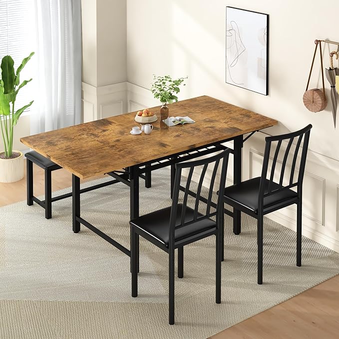 Lamerge 4-Piece Dining Table Set for 3-6 People, 63" Extendable Kitchen Table Set with 1 Bench and 2 Backrest Chairs, Faux Wood Table Square Dining Table Set with Drop Leaf for Small Space