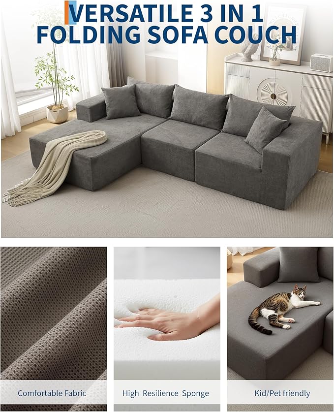 Garvee 108" Modular Sectional Sofa,Cloud Couch Sectional with Left Chaise | Compressed l Shaped Sofa for Living Room | Boneless Couch & Sofa Bed Design,No Assembly Required, Gray