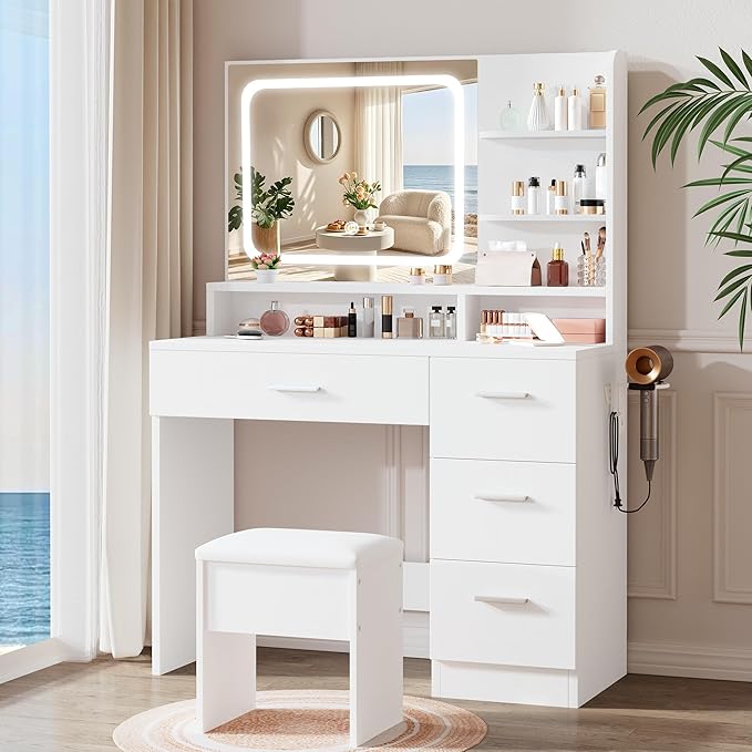Small Makeup Vanity Stool,15.7" W x 10.2" D x 16.7" H，White（Easy Assembly,PU Cushion Mat, Footstool）