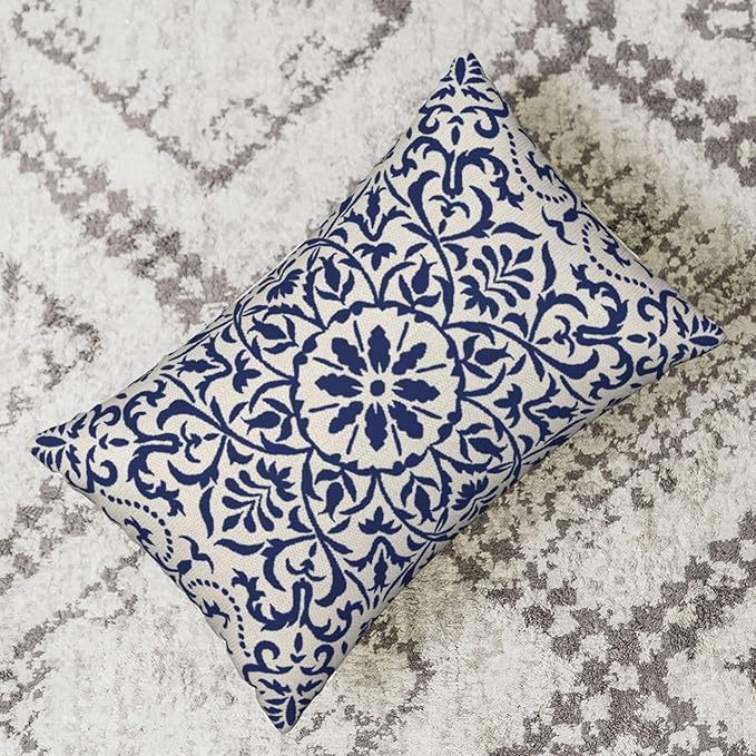Navy Blue Boho Lumbar Pillow Covers 12x20 Set of 2, Bohemian Ethnic Carpet Pattern Design Decorative Throw Pillows Linen Farmhouse Cushion Pillow Covers for Sofa Couch Outdoor Decor