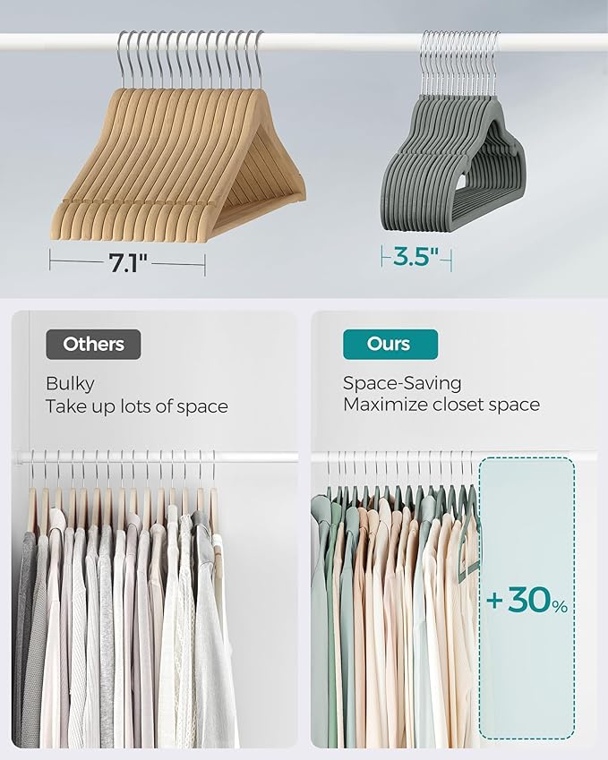 SONGMICS Velvet Hangers 30 Pack, Non-Slip Clothes Hangers, Suit Hangers with Shoulder Notches, Pants Bar, 360° Swivel Hook, Space-Saving, for Closet, Gray UCRF029V03