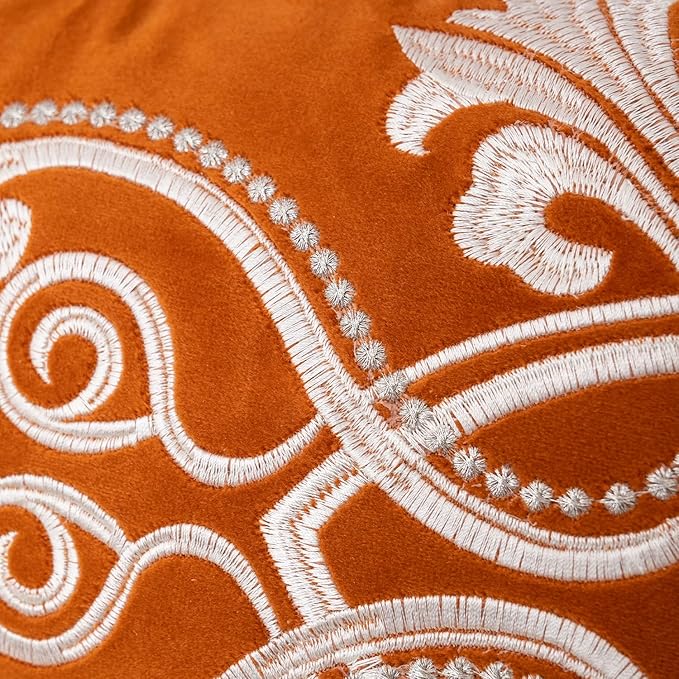 Aeckself European Floral Pillow Cover 20x20 Inch, Luxury Velvet Embroidered Decorative Throw Pillow Cover for Couch Bedroom Living Room, Burnt Orange and White