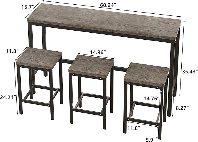 Harper & Bright Designs 4-Piece Dining Table Set, 60.2" L Solid Wood Dining Table with 3 Stools and Metal Frame for Kitchen Dining Room, Grey Brown