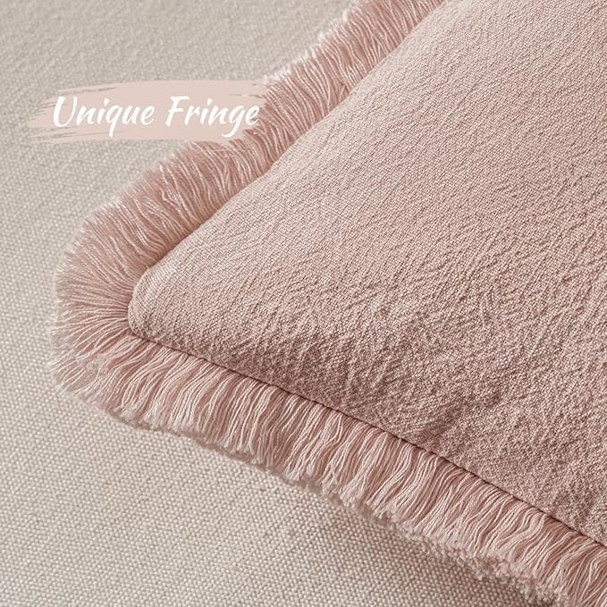 MIULEE Decorative Throw Pillow Covers Neutral Linen Fringe Throw Pillows Set of 2 Light Pink Boho Farmhouse Cushion Covers for Couch Sofa Bed Living Room Spring Home Decor 20x20 Inch
