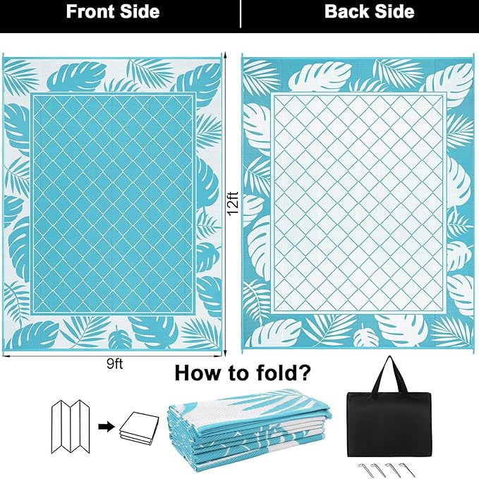 Ileading Outdoor Rug Carpet for Patio 9'x12' Waterproof Reversible Plastic Straw Rug Portable Outside Area Rug Camping Mat for Patio, Clearance, Balcony, Picnic, Pool, Beach, RV, Deck, Teal