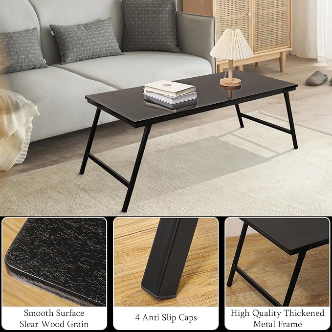 Foldable Coffee Tables for Small Spaces Portable Wooden Low Table with Metal Legs No Assembly Rectangular Coffee Table for Living Room Home, Office, Space Saving, Black Gold
