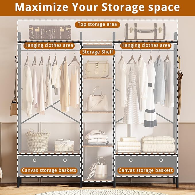 IRONCK Garment Rack and Storage Shelves, Heavy Duty Closet Rack with Hanging Rods,4 Drawers, T Shaped Coat Rack Closet Organizer, Vintage Brown