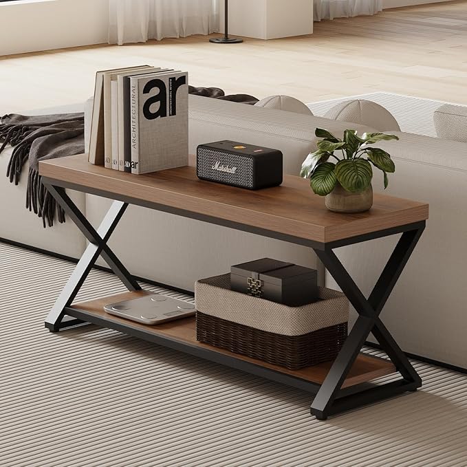 IBF Wood Bench Indoor, Industrial entryway Bench with Shoe Storage for Living Dining Room, Farmhouse Wooden Metal Entry Way Foyer Benches Seat for Bedroom Entryway, Rustic Oak, 39 Inch Long