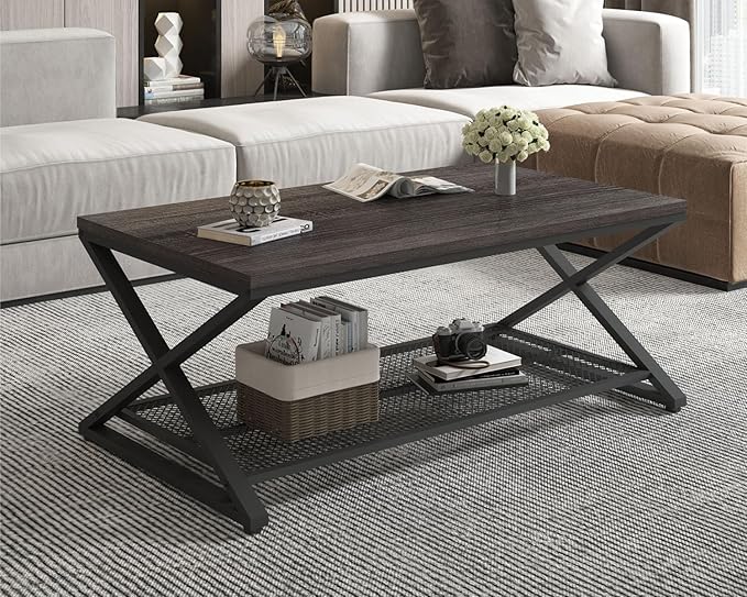LVB Industrial Grey Coffee Table, 2 Tier Wood Metal Living Room Table, Wooden Rectangle Center Table with Storage, Farmhouse Low Cocktail Tea Table for Home Office Bedroom, Dark Gray Oak, 39 Inch