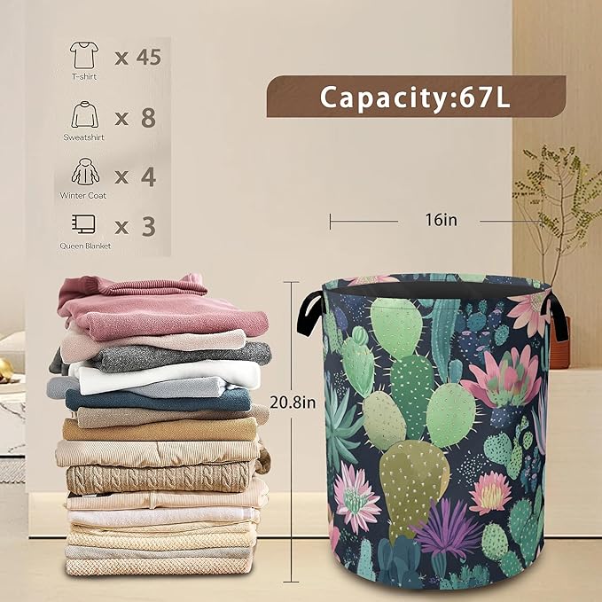 Blooming Cactuses Laundry Hamper,Collapsible Laundry Baskets,Tropical Succulents Dirty Clothes Baskets with Handles,Oxford Cloth Hamper for Bedroom,Bathroom,College Dorms, 16"x20"