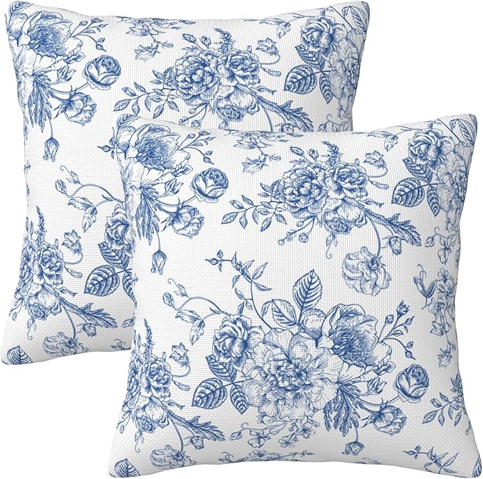 Blue and White Floral Throw Pillow Covers 18x18 Inch Set of 2 Chinoiserie Decorative Flower Pillows Cover Farmhouse Country Cushion Case of Sofa Living Room Bedroom