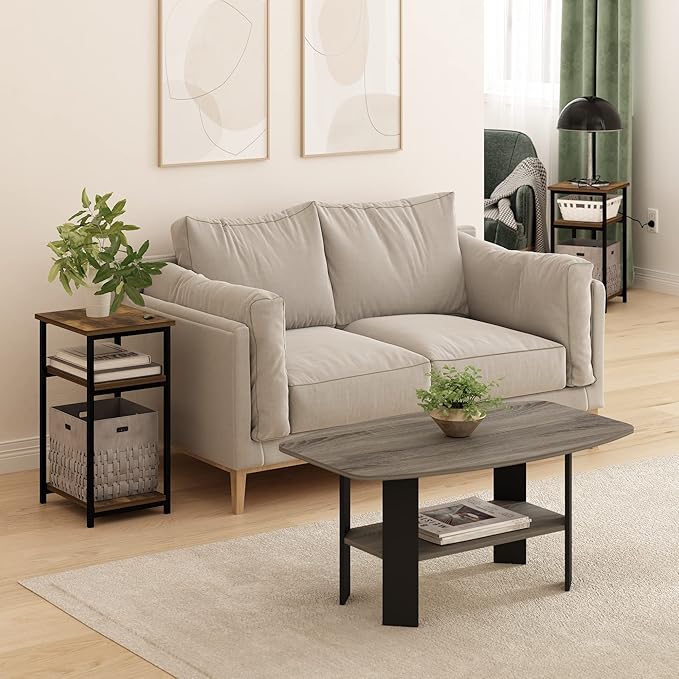 Furinno Just 3-Tier Metal Frame End Table with Storage Shelves, 2-Pack, Amber Pine