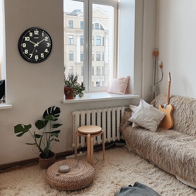 Sharp Glow in The Dark Atomic Analog Wall Clock - 12" Clock with Black Frame - Sets Automatically - Battery Operated - Easy to Read - Easy to Use – See Day or Night!