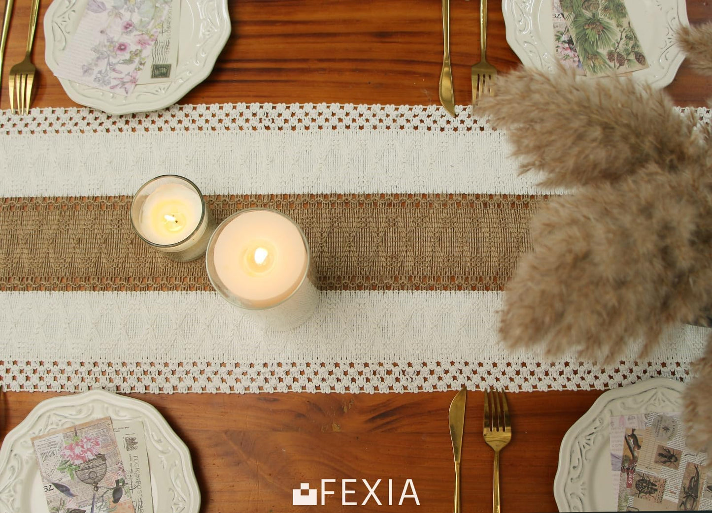 FEXIA Boho Table Runner for Thanksgiving Fall Christmas Home Decor with Tassels 72 Inches Long Pottery barn Furniture Farmhouse Rustic Macrame Burlap Table Decoration for Living Room (12x72 Inches)