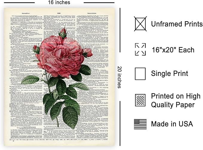 Poster Master Dictionary Art Poster - Pink Roses Print - Flower Art - Floral Art - Gift for Him, Her & Florist - Minimal Decor for Living Room, Bedroom, Dorm or Flower Shop - 16x20 UNFRAMED Wall Art