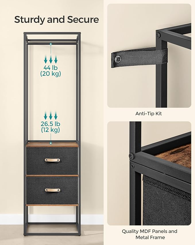 SONGMICS Clothes Rack, 70.9 Inch Wardrobe Freestanding Closet, Heavy Duty Garment Rack with 1 Extendable Hanging Rod, 2 Drawers and 4 Shelves, for Bedroom, Space-Saving, Rustic Brown URGR003B01