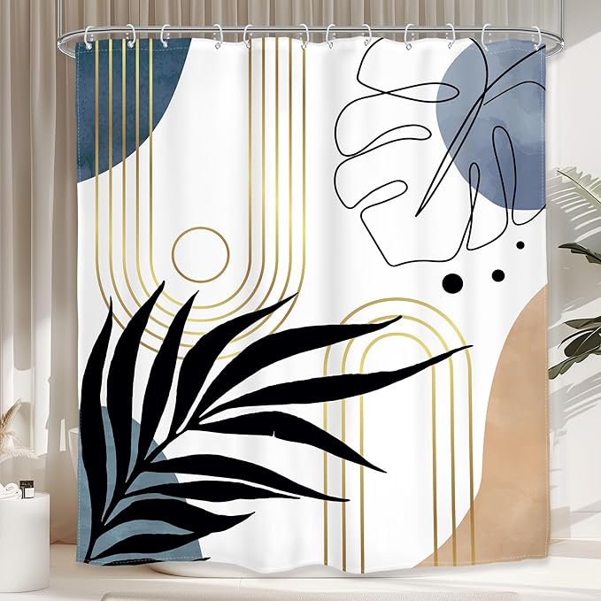 Glawry Abstract Tropical Shower Curtain Chic Boho Plant Palm Leaf Watercolor Blue Simple Minimalist Bathroom Modern Botanical 60Wx72L Inches Bath Accessories Art Home Decor Fabric with Hooks