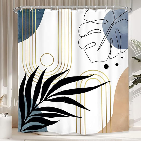 Glawry Abstract Tropical Shower Curtain Chic Boho Plant Palm Leaf Watercolor Blue Simple Minimalist Bathroom Modern Botanical 60Wx72L Inches Bath Accessories Art Home Decor Fabric with Hooks