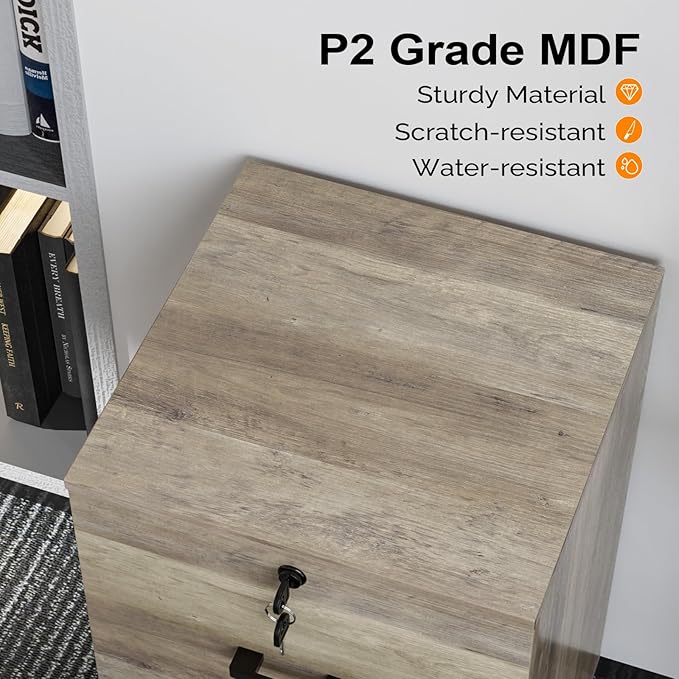 VINGLI 2 Drawer File Cabinet with Lock, Wood Rustic Gray Filing Cabinet for Letter Size File Folders with Tabs, Under Desk Rolling File Cabinets for Home Office, Mobile File Organization Printer Stand