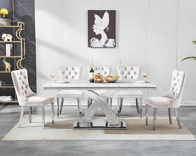 Goujxcy 68" Marble Dining Table Set for 6, Modern Rectangle Dining Room Table Set for 6, Luxury White Silver Marble Kitchen Table and Chairs Set of 6 for Living Room,Kitchen