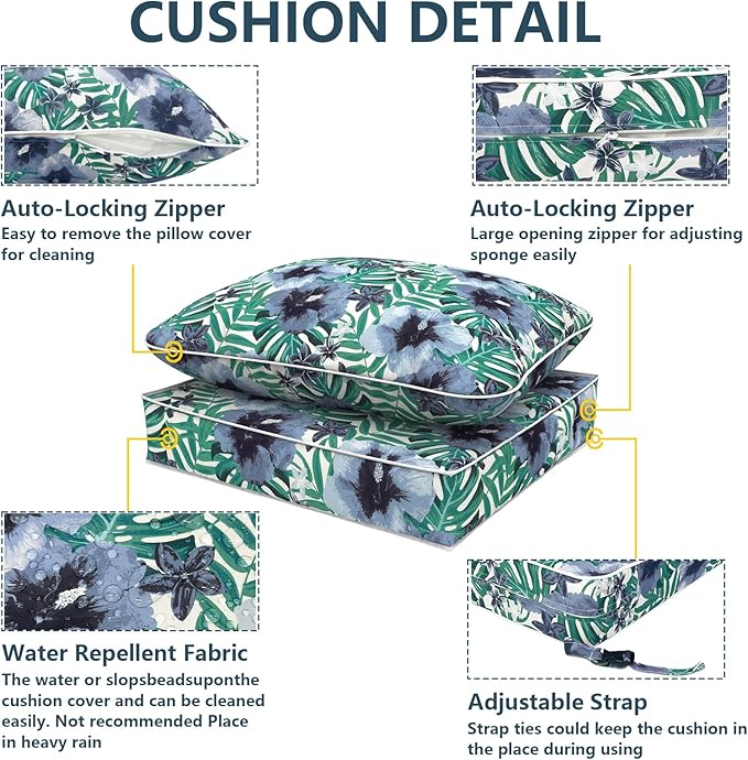 Outdoor Deep Seat Cushions Set 24 x 24 Inch for Patio Furniture,Water Resistant Chair Cushions Replacement Includes Seat Cushion & Back Pillow for Sofa, Wicker Chair - Blue Salmone Tropical