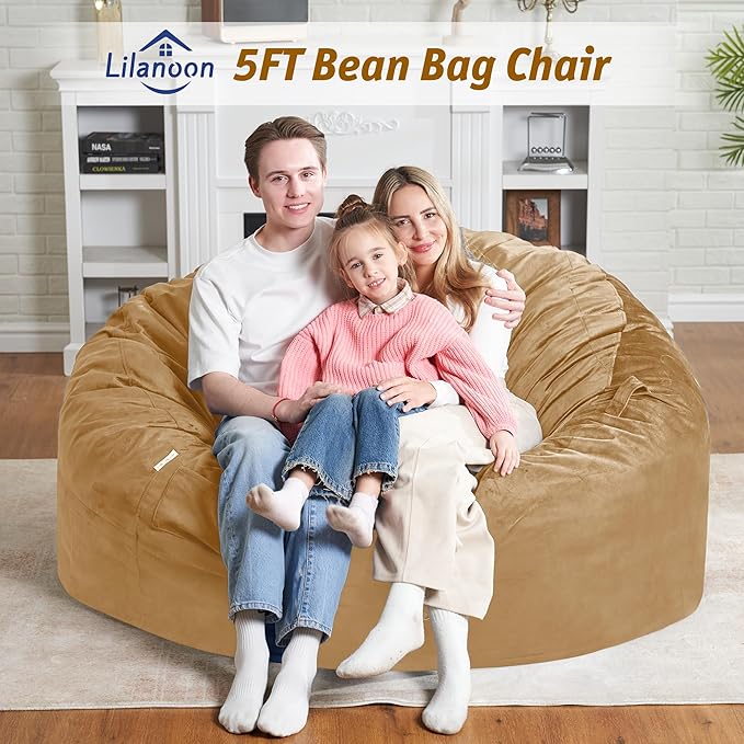 5FT Bean Bag Chair with Ultra Soft Velvet Cover Bean Bag Sofa with Memory Foam Bean Bag Chairs with Large Size Lazy Sofa for Dorm Office Living Room Bedroom Camel 5'