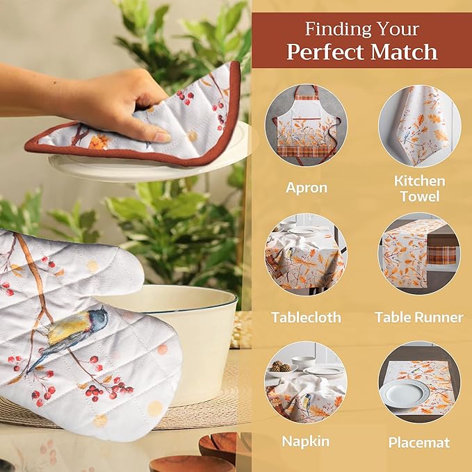 Maison d' Hermine 100% Cotton Oven Mitt & Pot Holder Set (7.5"x13" & 8"x8") Heat Resistant BBQ Cooking Gloves with Loop for Thanksgiving Christmas Decorations Handling Hot Pans (Oak Leaves)