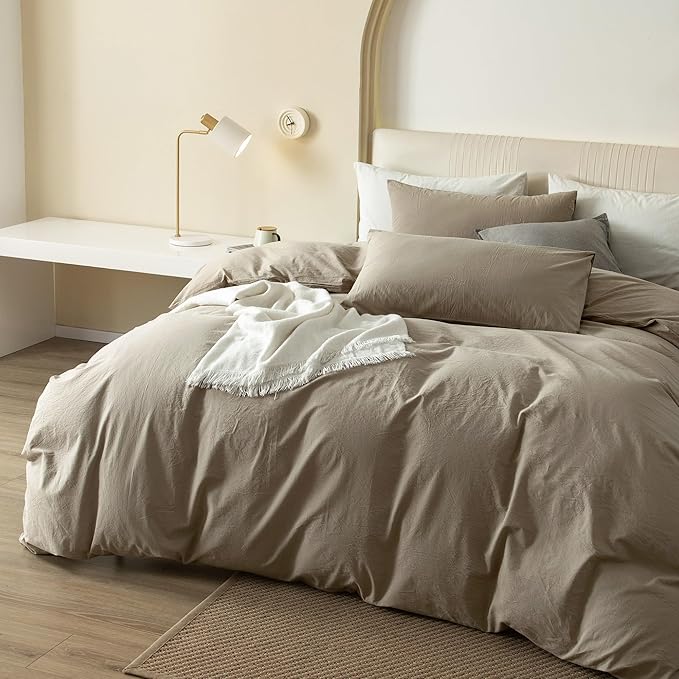 JIYUAN 100% Washed Cotton Duvet Cover Set 3 Pieces Oversized King, 1 Duvet Cover 120x98 Inches(Comforter Not Included) and 2 Pillowcases,Linen Feel Bedding Set Comfy and Breathable,Khaki
