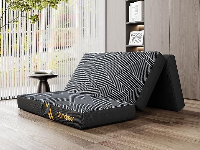 Vamcheer Tri Folding Mattress, 5 inch Twin Foldable Mattress, Tri-fold Memory Foam Mat with a Collapsible and Washable Cover, Handle & Non-Slip Bottom for Travel/Guest, 75"x38"x5", Grey