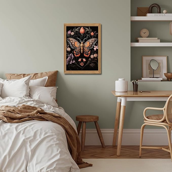 Framed Vintage 3D Textured Wall Art - Gothic Butterfly Wall Decor - Hand Drawn Sandstone Nature Botanical Pictures for Living Room Bedroom Home Decor 12x16in