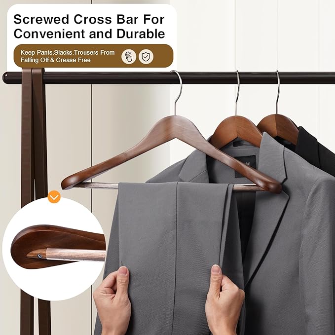 Coat Hangers 10 Pack Suit Hangers for Men for Women,Wide Shoulder Wooden Hangers with Retotating Hooks & Non Slip Pants Bar,Smooth Finish Suit Hanger for Sweater, Pants, Heavy Clothes(Walnut)