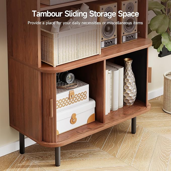 71" Tall Bookshelf, 4-Tier Bookcase with Storage Cabinet & Adjustable Storage Shelf, Freestanding Wood Bookshelf with Sliding Door and Adjustable Footpad, for Home Office, Living Room, Walnut